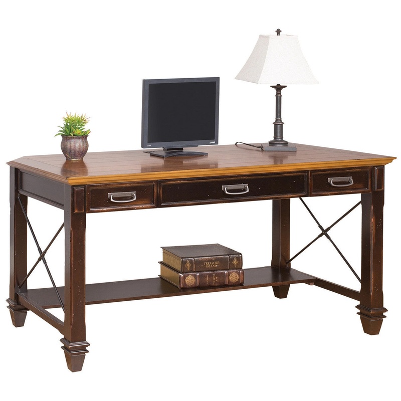 Refined 60″W Writing Desk Vintage Black with Wood Plank Tops