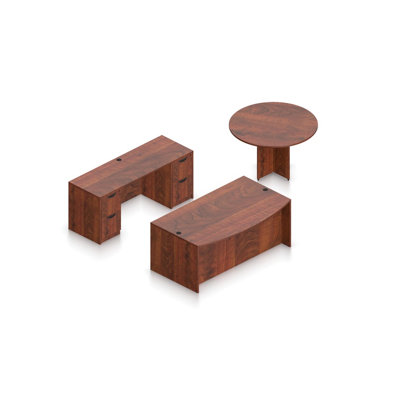 Workspace Furniture Set with Bow Front Desk Shell, Storage & Round Table American Dark Cherry